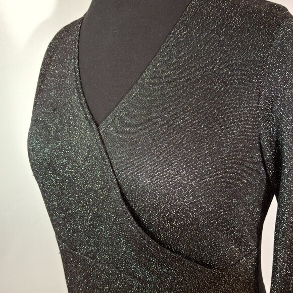 Glitter Black Gold Faux Wrap Empire Shimmer Holiday PartyTop Size L Long Sleeves - Picture 8 of 14